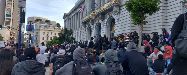 Protesters at a Sunday night event in front of San Francisco City Hall.